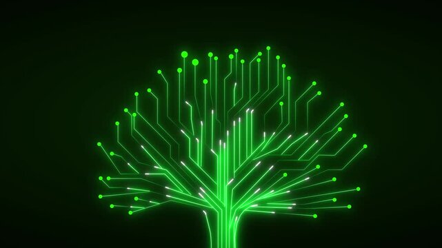 Glowing green circuit board tree represents sustainable tech growth. Digital nature graphics illuminate this circuit board tree. Cyber eco computing powers the green circuit board tree.
