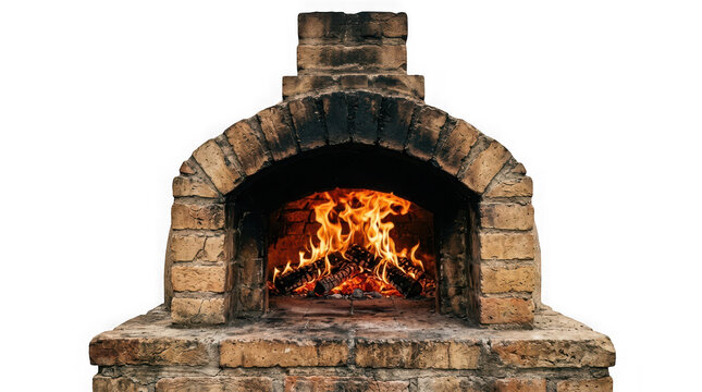 Traditional brick woodfired oven with burning fire inside isolated on transparent background