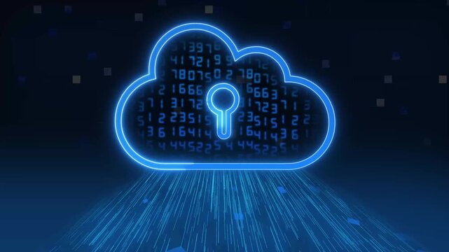 Glowing blue cloud icon displays a streaming binary code data flow. Server network infrastructure powers this glowing blue cloud icon. Encrypted cloud storage integrates with the blue cloud icon.