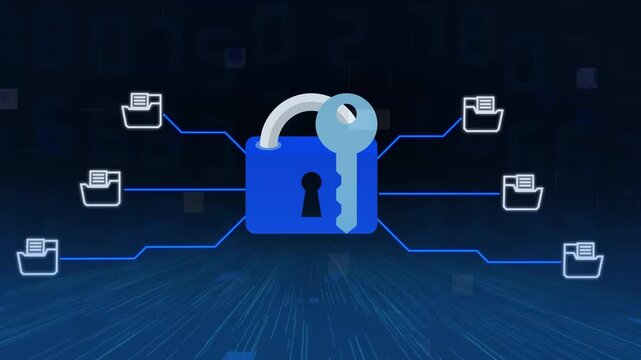 Blue padlock and key connect to multiple secure document file graphics. Cybersecurity network safeguards this blue padlock and key. Data privacy infrastructure protects the blue padlock and key.