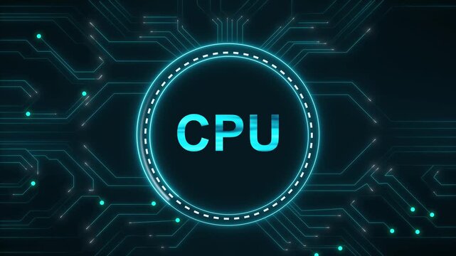 Futuristic CPU chip graphic glows on a vibrant cyan circuit board. Microprocessor hardware computing operates through the CPU chip. Advanced semiconductor technology drives this CPU chip.