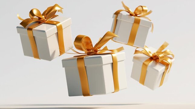 Elegant gift boxes with golden ribbons floating in midair, realistic 3D render on a white background with soft studio lighting, ultra-detailed luxury holiday advertising style.