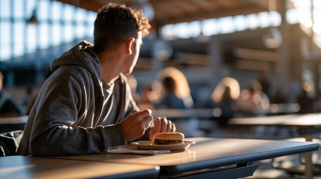 Rear view of a student eating lunch alone in a spacious bright modern school cafeteria face defocused bright student eating alone modern cafeteria quiet meal school dining