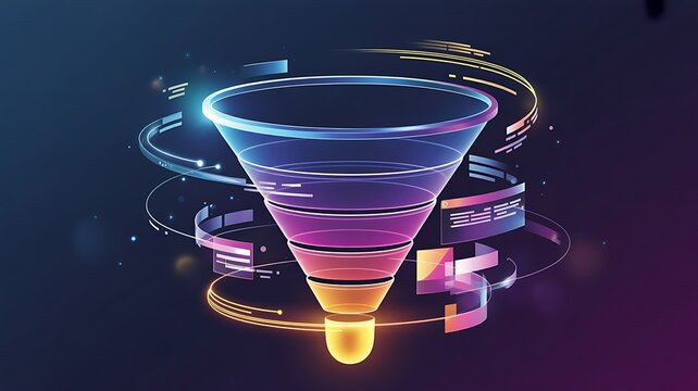 Abstract illustration of data flow shown by colorful funnel visualizations
