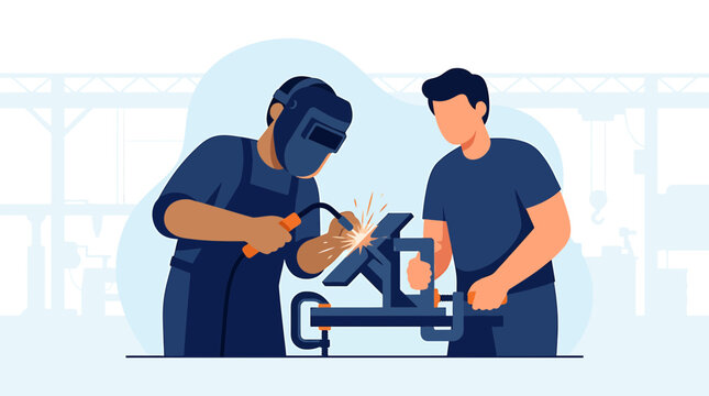 Welding Professional Working with Assistant in Industrial Workshop
