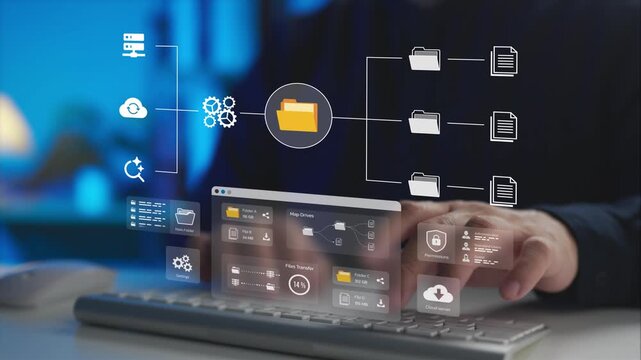 Managing document management system network and digital file workflow organization on a system interface. Concept of cloud storage, data structure, and paperless business process.