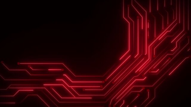 Bright red circuit board traces pulse with illuminated cyber nodes. High tech motherboard circuitry powers these red circuit board traces. Advanced computing hardware drives the circuit board traces.