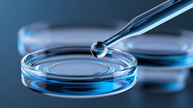 A close-up of a dropper releasing a droplet into a petri dish filled with clear liquid.