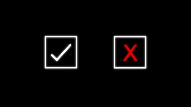 Glowing white check mark and red X mark appear inside digital boxes. Decision status verification highlights the check mark and red X. Approved or rejected choice displays with the check mark.