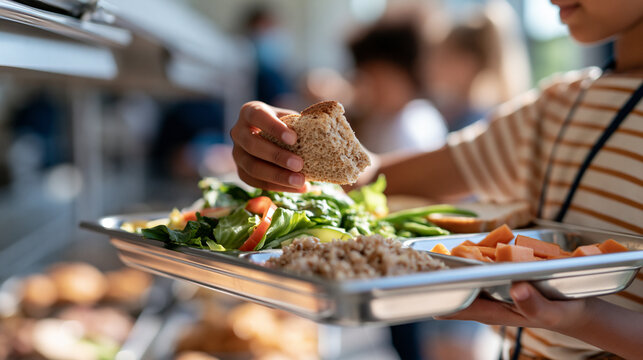 Cropped view of an elementary school student holding a healthy lunch tray in a busy bright cafeteria line face out of frame bright lunch tray cafeteria line elementary