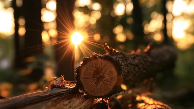 A close-up of a log with sunlight shining through a forest, highlighting nature's beauty.