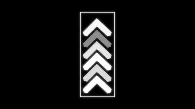 Glowing white upward chevrons move inside a sleek rectangular frame. Dynamic forward progress symbol illuminates these upward chevrons. Modern directional graphics power the upward chevrons.