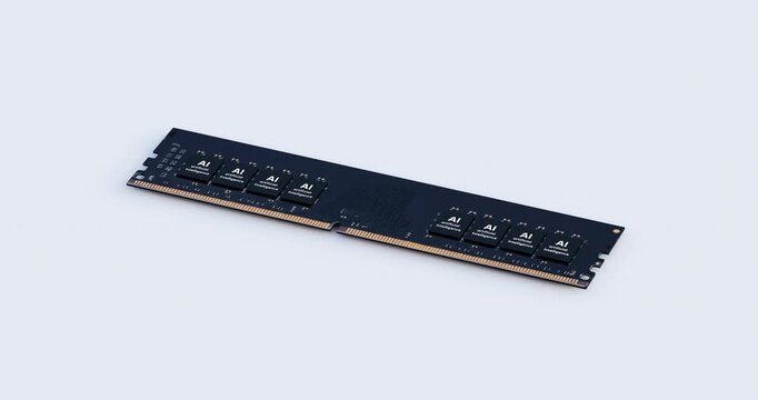 Orbiting camera view of black artificial intelligence computer ram module on clean white background showing hardware shortage