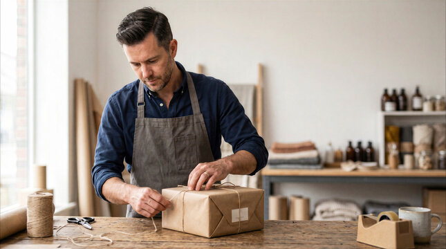 Artisan closing a parcel with twine in a warm workshop