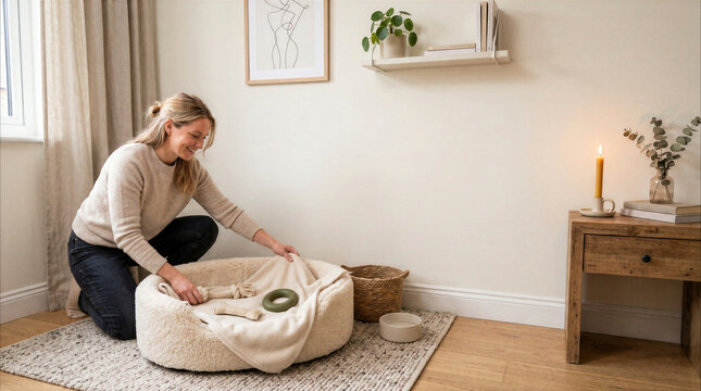 Woman settling a pet into soft bed in a cozy home