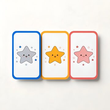 Cute cartoon star flashcards set for kids featuring smiling colorful star characters vector illustration