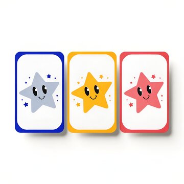 Cute star flashcards set for kids featuring happy colorful star characters vector illustration