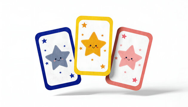 Cute cartoon star flashcards set for kids featuring smiling colorful star characters vector illustration