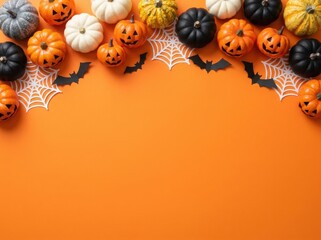 Fototapeta premium Colorful Halloween pumpkins and bats on an orange background