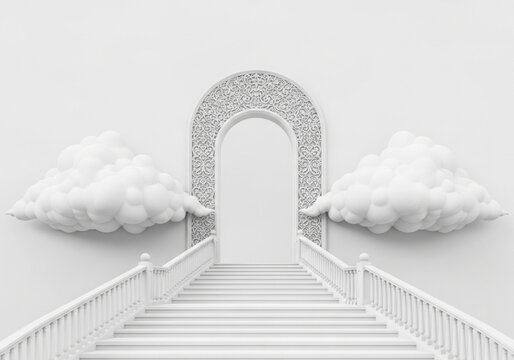 Gray scale illustration of road with archway and clouds