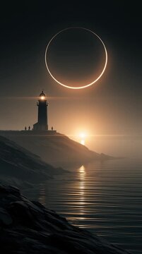 Retro travel poster of the 2028 annular solar eclipse over the coast of Galicia, featuring a lighthouse silhouette on dramatic cliffs beneath a glowing ring of fire at sunset.