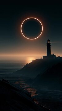 Retro travel poster of the 2028 annular solar eclipse over the coast of Galicia, featuring a lighthouse silhouette on dramatic cliffs beneath a glowing ring of fire at sunset.