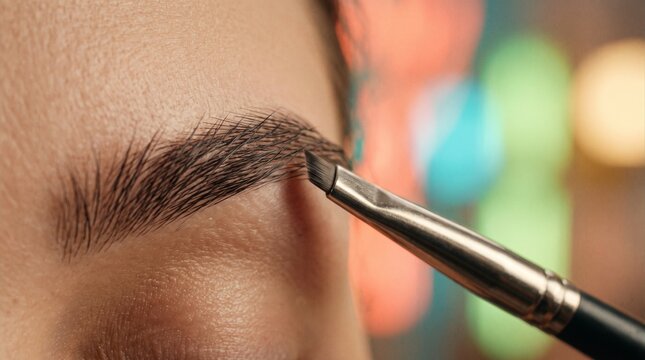 modern eyebrow shape Macro closeup of eyebrow shaping with cosmetic brush. Beauty treatment and professional makeup technique for precise brow grooming, facial care, 