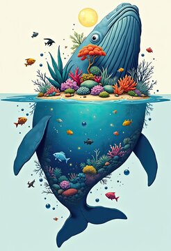 Whale carries vibrant coral reef above and below ocean water surface