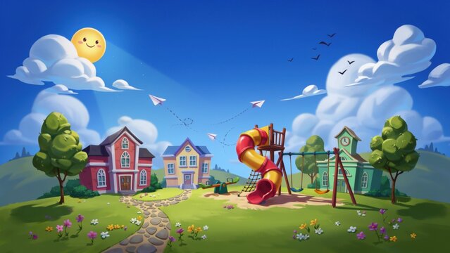 Bright sunny day at a colorful suburban playground with blue skies
