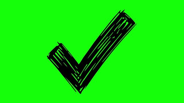 hand drawn black fill check mark animation with a line boil wiggle effect on a green screen chroma key background. Perfect for approval and success concepts