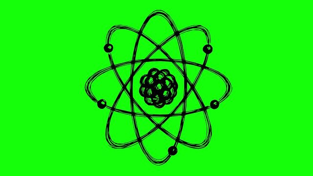 hand drawn style black atom model animation with green screen background featuring line boil wiggle effect, rough edges, stop motion look, and science concept physics education