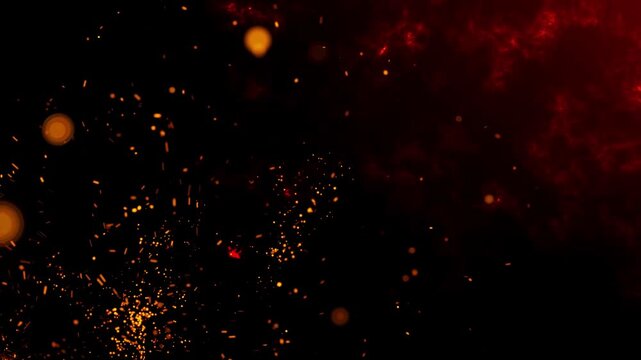 Sparkile fire particles, Dynamic fire sparks and burning ember particles, floating in wind on black background, realistic bonfire dust flakes, loop for dramatic visual effects and video editing. 4