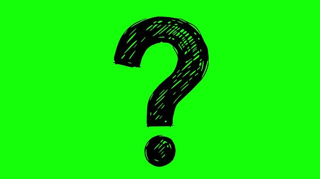 animated hand drawn question mark with solid black fill and line boil effect on a green chroma key background. Perfect for educational videos and presentations