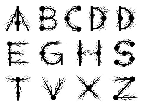 Gothic occult alphabet set, mystical black letter icons with root and branch textures, dark fantasy typography for esoteric design