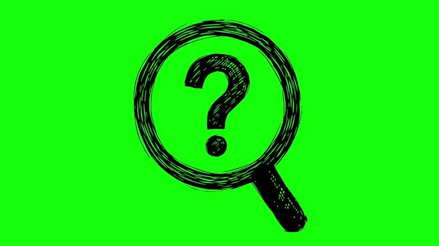 hand drawn style black fill magnifier interrogation icon animation with line boil effect on green screen chroma key background for easy video editing and projects