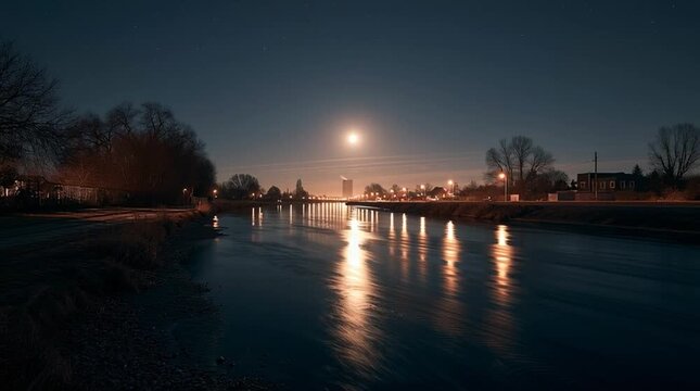 Moonlit river winding peacefully through a tranquil landscape, shimmering with silver reflections beneath a star-filled sky, creating a timeless atmosphere of serenity and wonder.