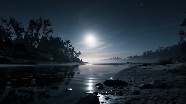 Moonlit river winding peacefully through a tranquil landscape, shimmering with silver reflections beneath a star-filled sky, creating a timeless atmosphere of serenity and wonder.