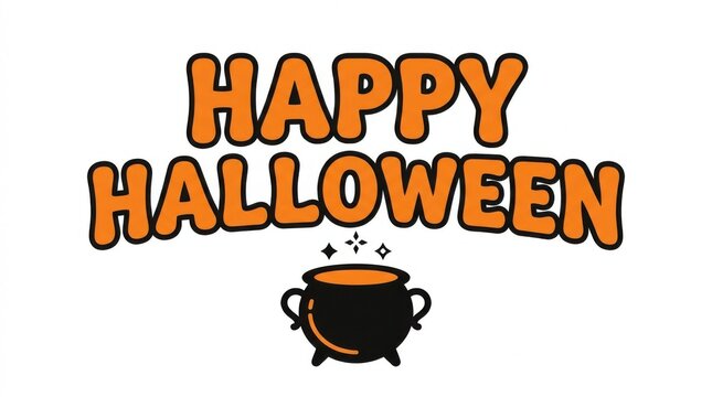 Happy Halloween festive greeting with steaming cauldron and bold orange typography design
