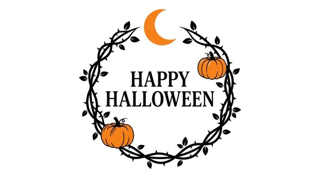 Halloween wreath with pumpkins and moon typography greeting card design vector illustration