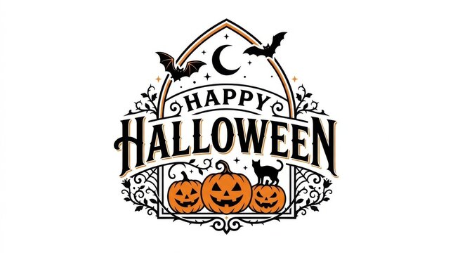Happy Halloween vintage typography badge with pumpkins and bats for festive designs