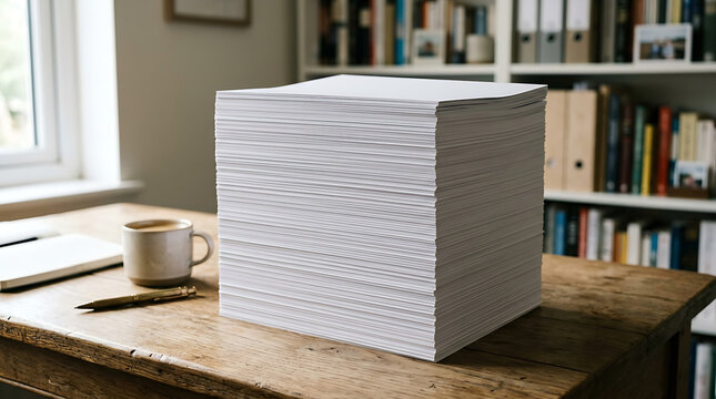 Large stack of white paper on a wooden desk with a coffee mug and books in the background.