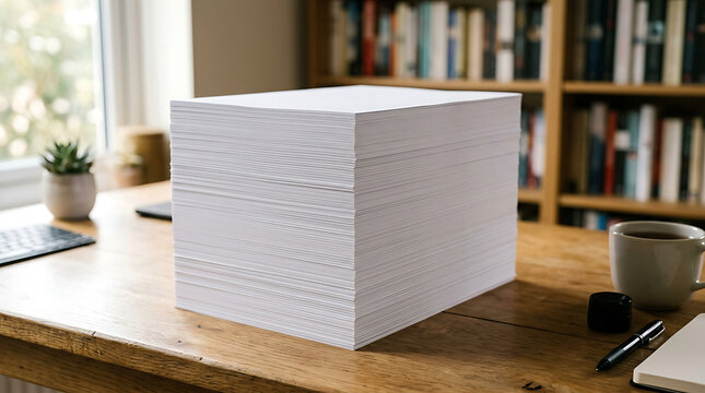 Large stack of white paper on a wooden desk with a bookshelf in the background.