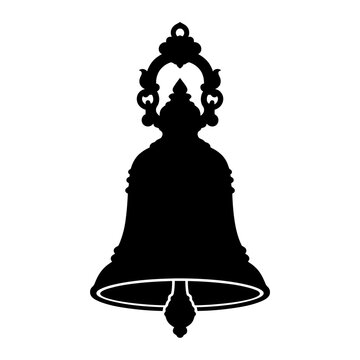 Diwali, Vintage ornate bell silhouette, antique church bell vector icon, decorative black metal bell illustration isolated on White Background