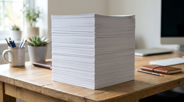 Stack of white paper on a wooden desk with office supplies.