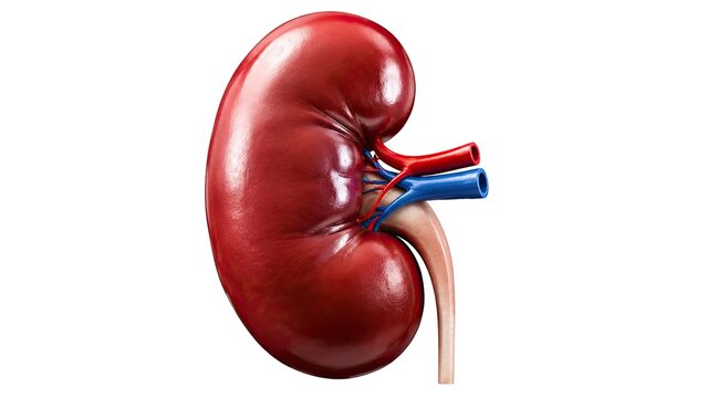 Human kidney medical anatomical illustration showing renal artery vein ureter and blood vessels isolated on white background