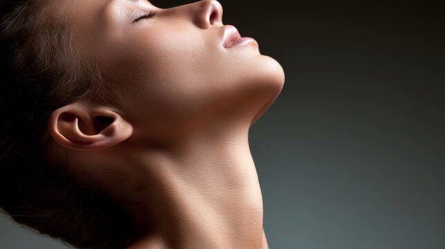 A serene portrait of a woman with an elegant neck and closed eyes in soft lighting.