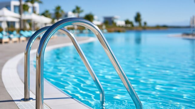 A serene poolside scene with clear blue water inviting relaxation under the sun.