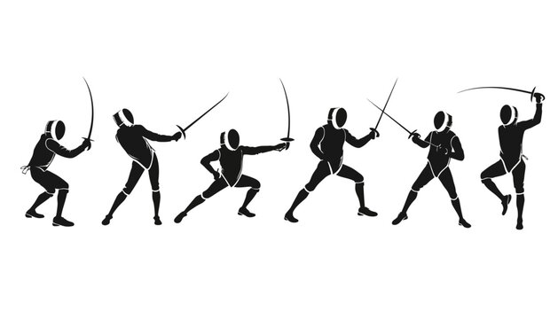 Fencing Athlete Silhouettes in Dynamic Combat Poses on White