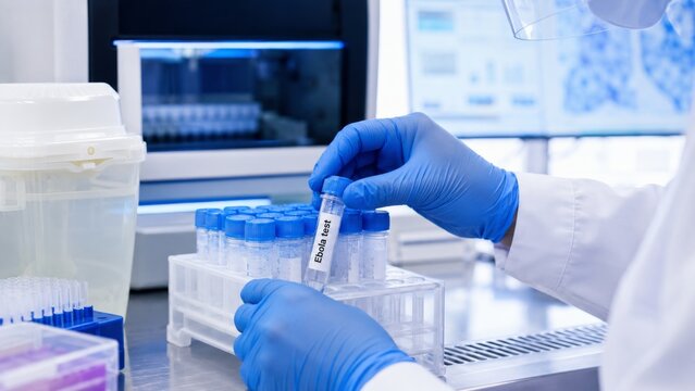 Laboratory technician handling Ebola test samples in scientific research facility