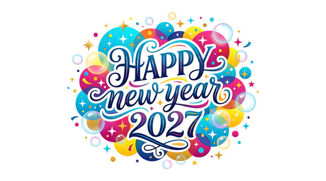 Happy New Year 2027 colorful typography with festive bubbles isolated on transparent background for holiday greeting card design